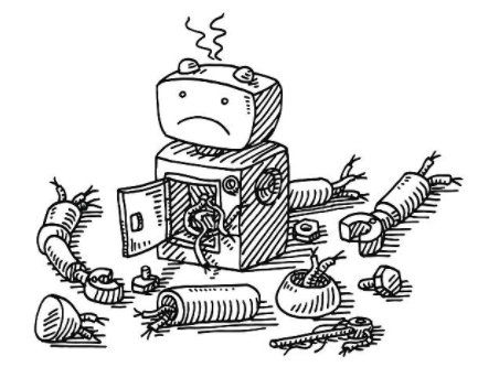 A robot that is broken and looks very sad about that. Poor robot!