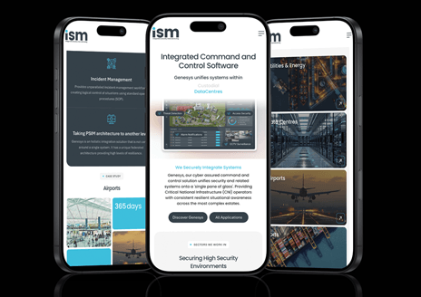 three mobile phones in a row showing the ism website 